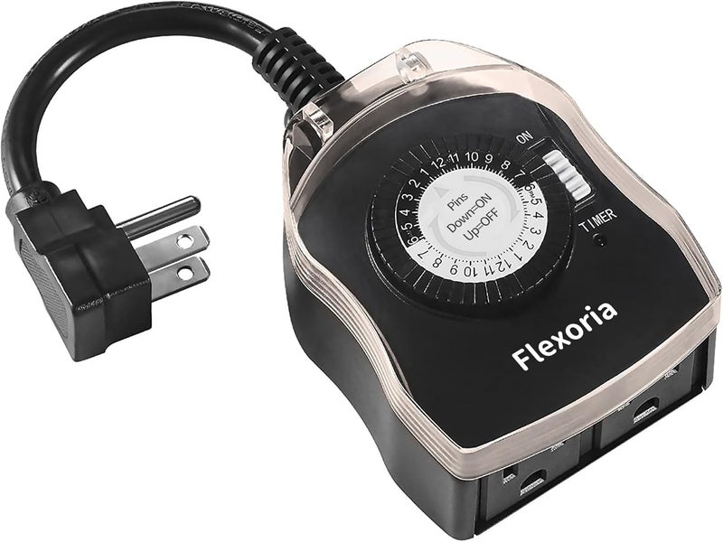Flexoria Outdoor Timer Outlet Waterproof, 24 Hour Mechanical Plug in Light Timer, 2 Grounded Outlets for Christmas Lights, 15A 1/2 HP, ETL Listed (1 Pack) - Image 1